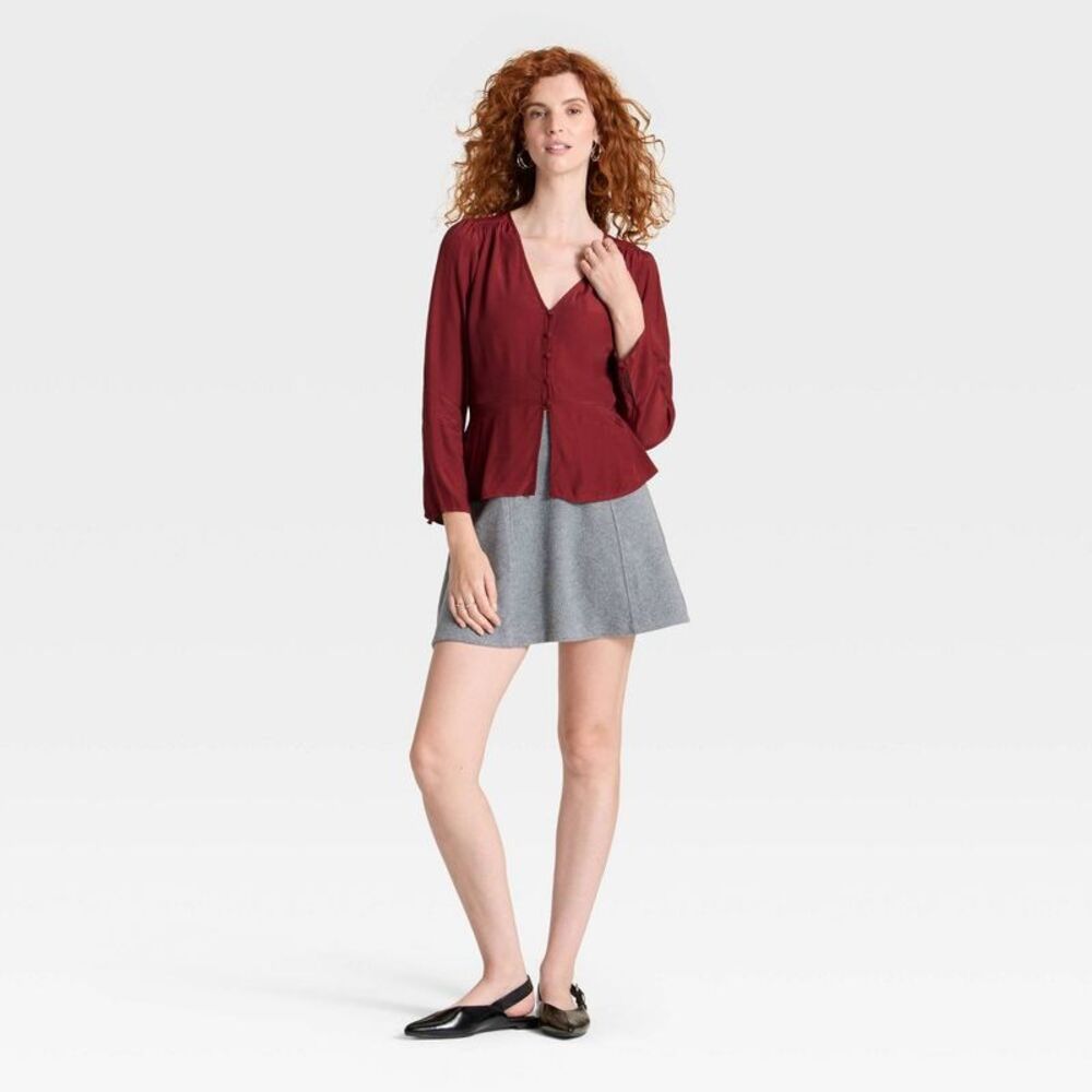 A New Day - Women's Long Sleeve Button-Front Top - A New Day M Maroon - Picture 3 of 3
